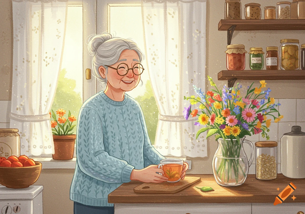 An elderly woman with a bun and glasses smiles, holding tea in a cozy, sunlit kitchen with flowers, illustrated style.