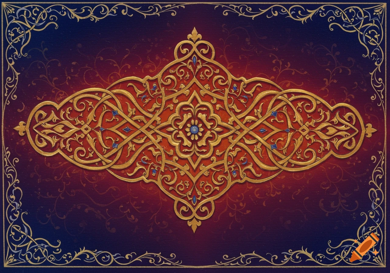 An ornate golden arabesque design with subtle blue gem-like accents, centered on a gradient red and dark blue background with faint patterns. A delicate golden border frames the image.