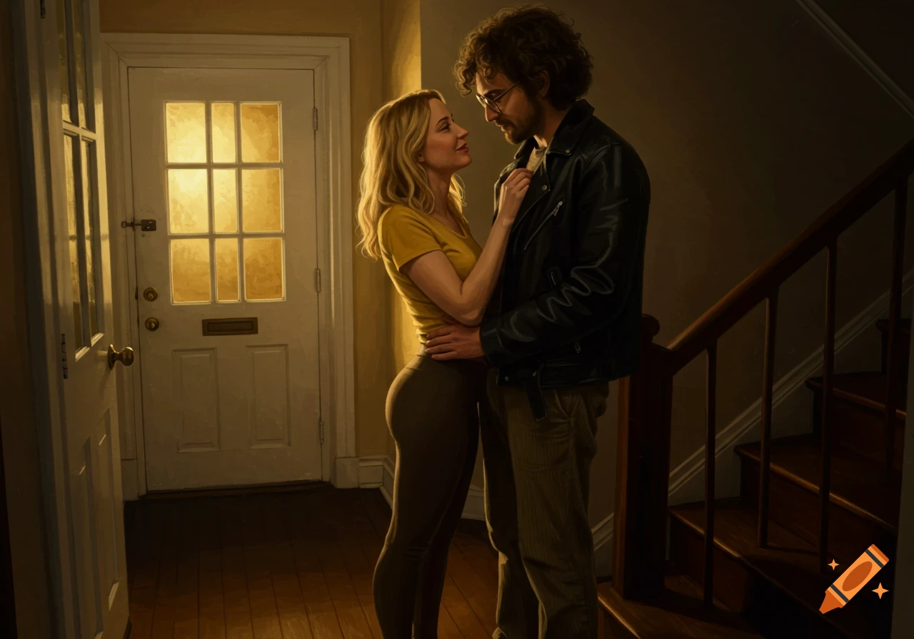 A man and woman intimately embrace in a warm, dimly lit home hallway, an ultra-realistic oil painting.