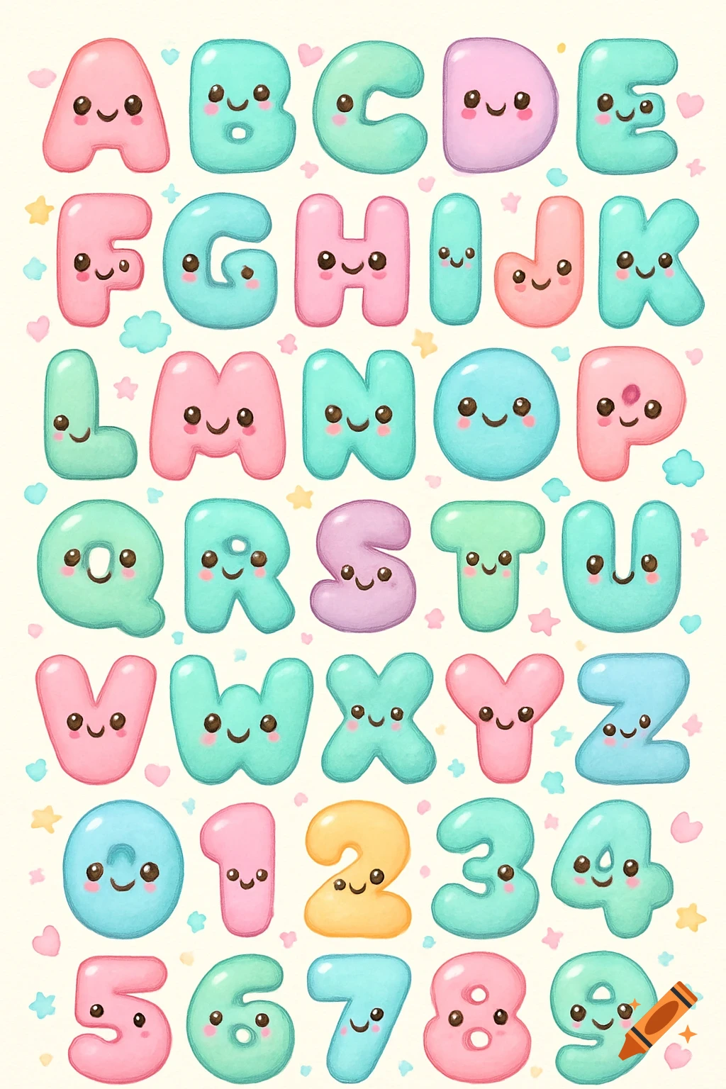 Pastel kawaii bubble letters of the alphabet A-Z and numbers 0-9, each with a cute smiling face, against a light background with small hearts and stars.