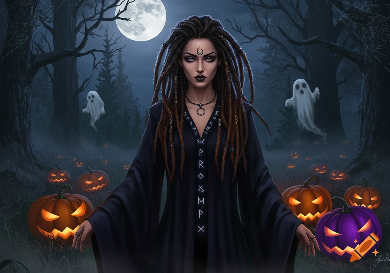 A witch-like woman with dreadlocks stands in a misty forest at night, surrounded by glowing jack-o'-lanterns and two white ghosts, under a full moon.