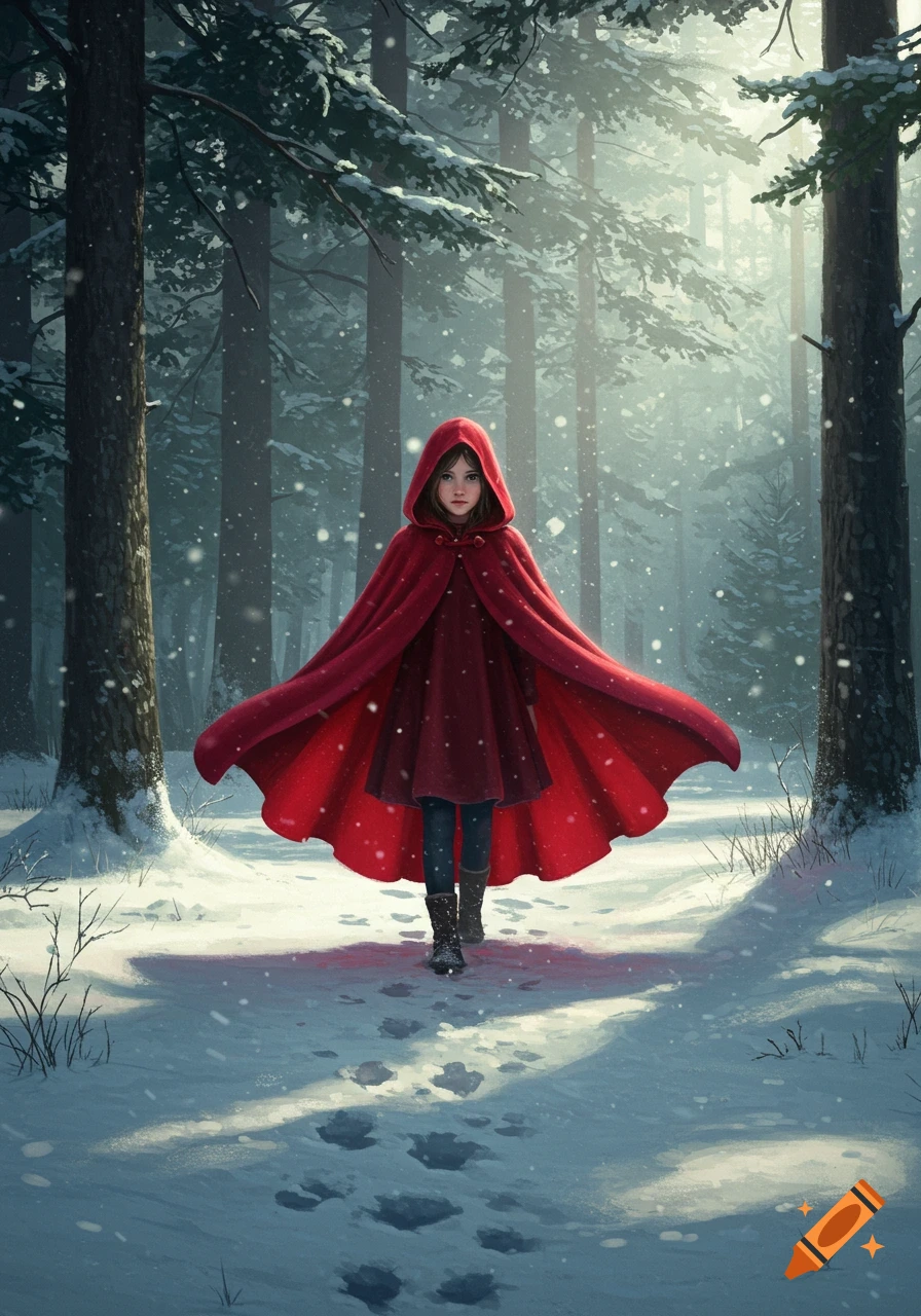 A young girl in a red hooded cloak walks through a snowy forest, leaving footprints behind her in the winter landscape.