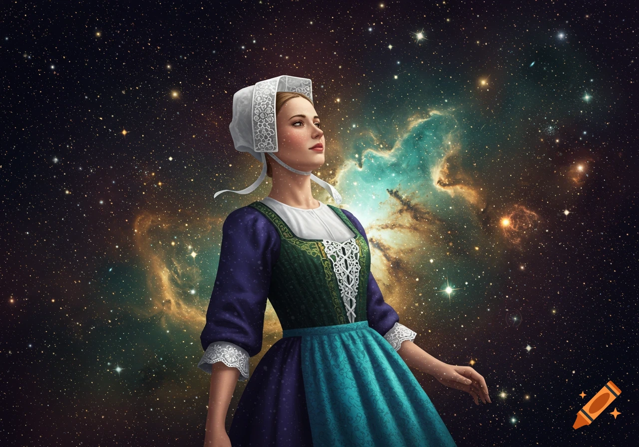 A woman in a traditional Breton costume with a white coiffe looks up against a vibrant space background with stars and nebulae.