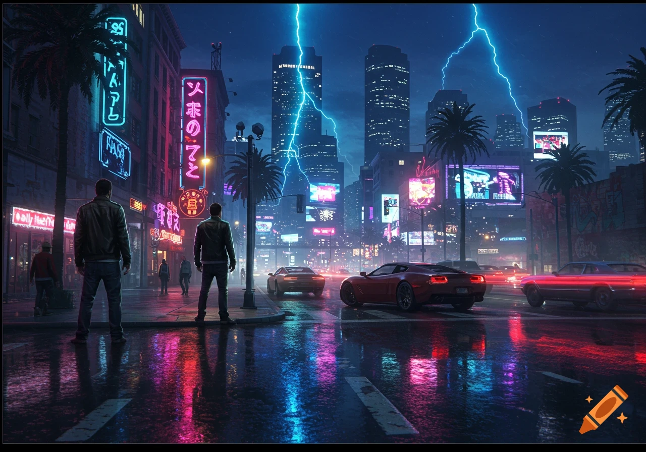 A neon-lit cyberpunk city street at night with lightning, two men ...