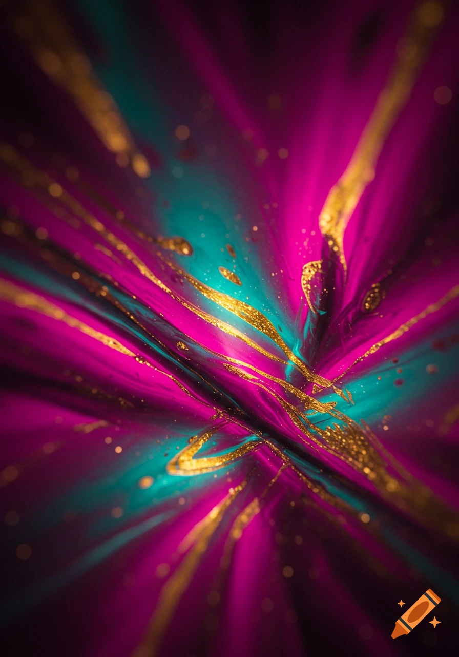Vibrant abstract image with splashes of magenta, teal, and gold paint creating a dynamic, flowing design.