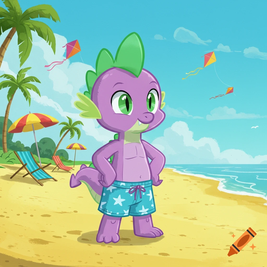 Cartoon character Spike the dragon in blue star-patterned swimming trunks on a sandy beach with palm trees and kites.