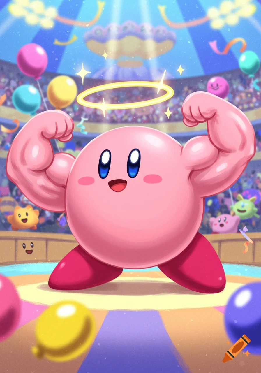 Buff Kirby with muscular arms flexing in a colorful stadium, wearing a glowing halo. Cartoon illustration.