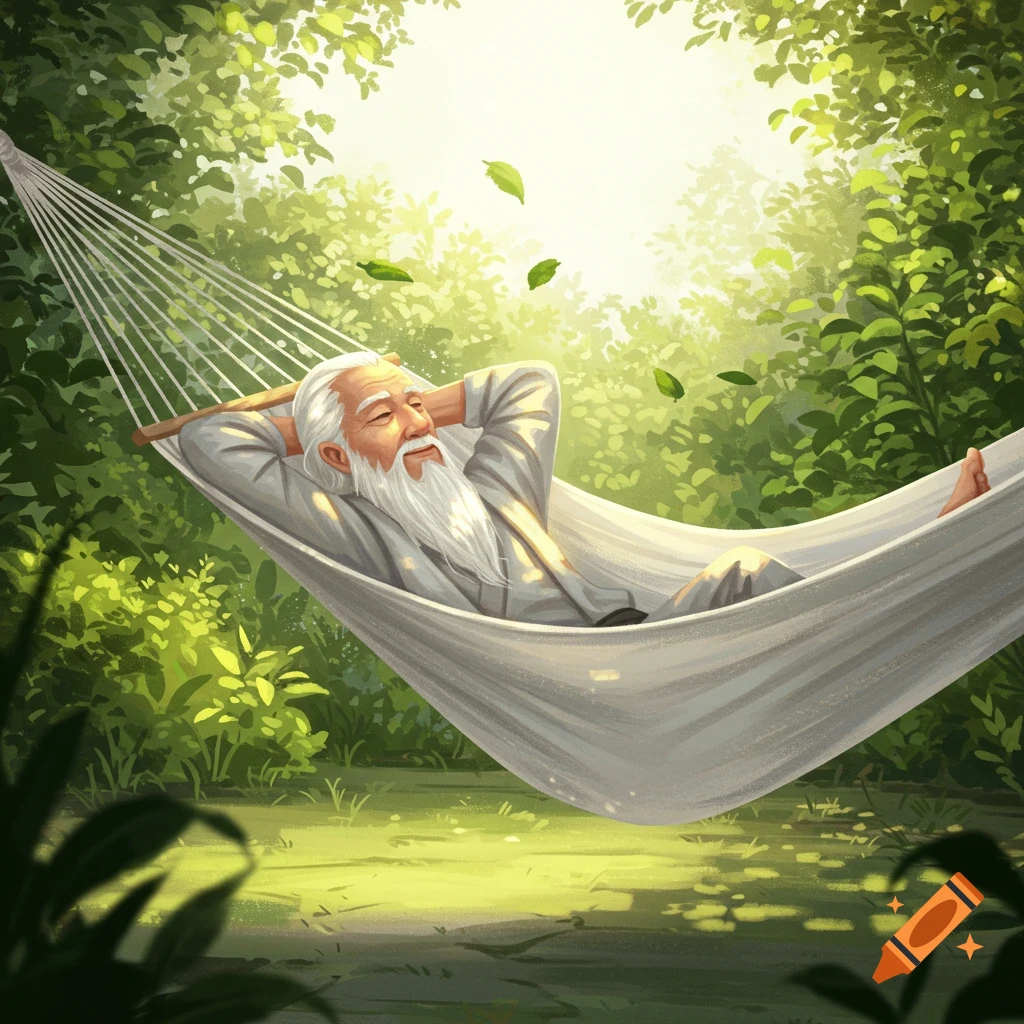 An elderly man with a long white beard relaxes in a white hammock surrounded by green trees and sunlit leaves, illustration.