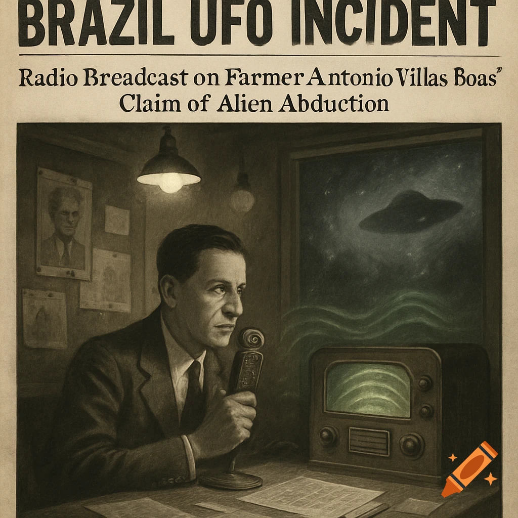 Man in suit broadcasts about a UFO incident on a vintage radio, with a UFO visible outside. Stylized like a newspaper headline.