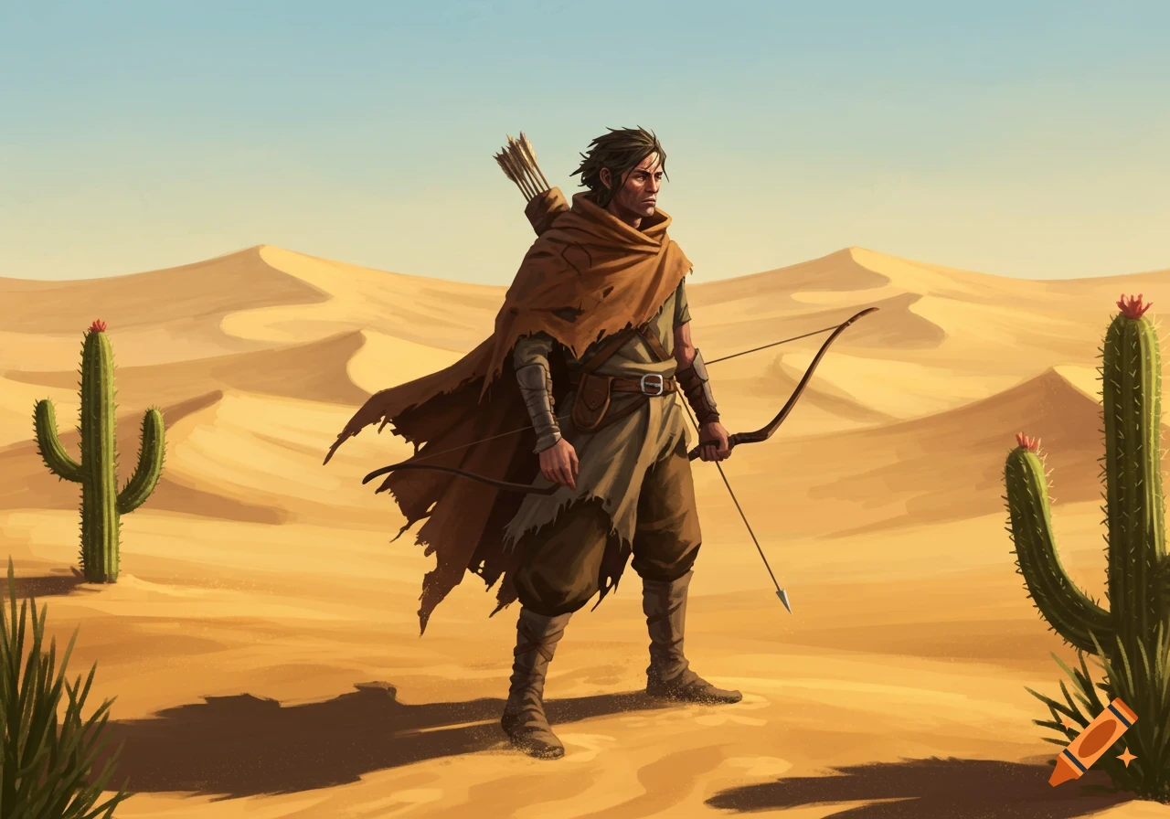 A fantasy male ranger with a bow and arrows stands in a sunny desert with sand dunes and cacti.