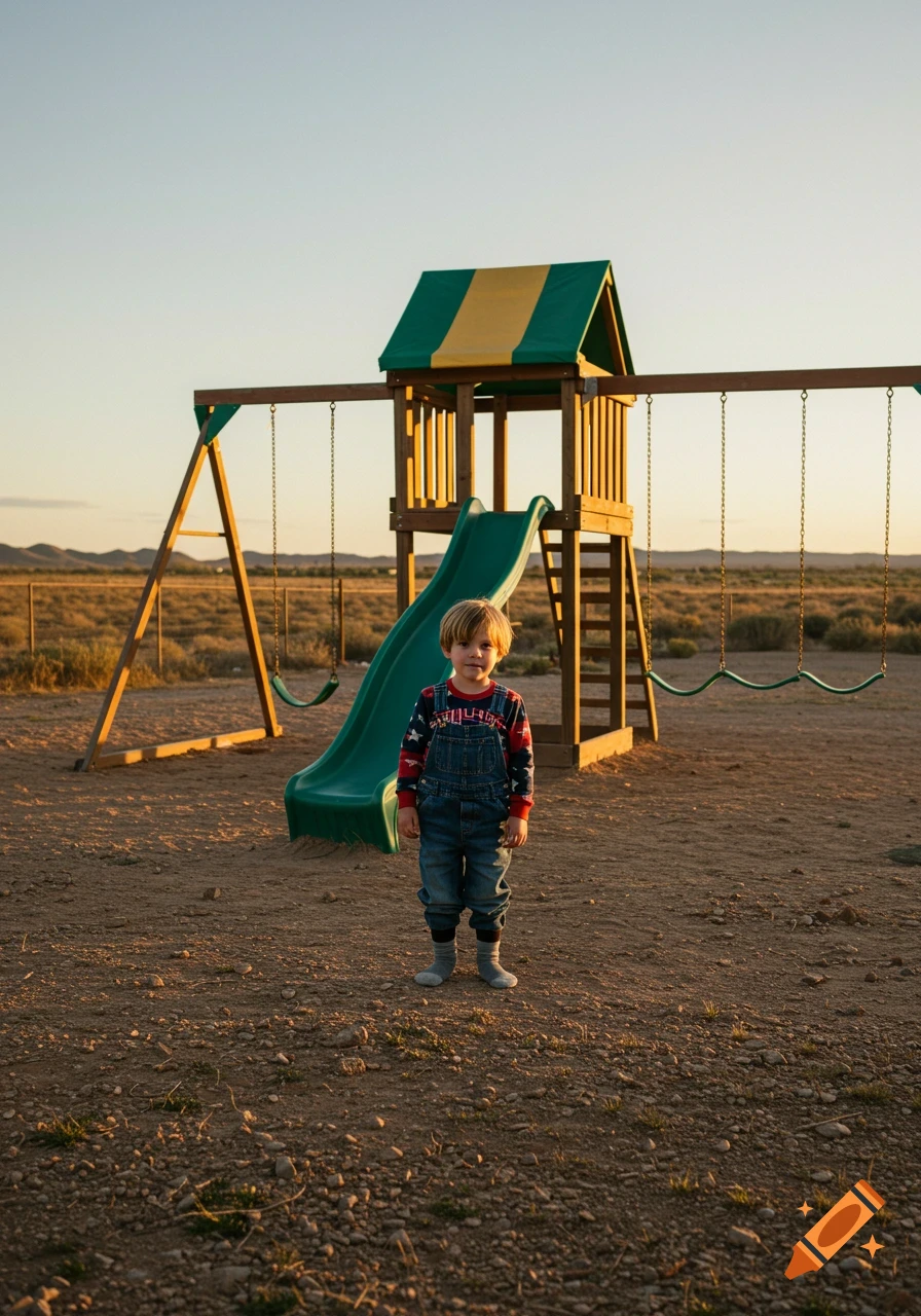 A young boy in denim overalls and a red, white, and blue shirt stands by a playset in a desert landscape at sunset.