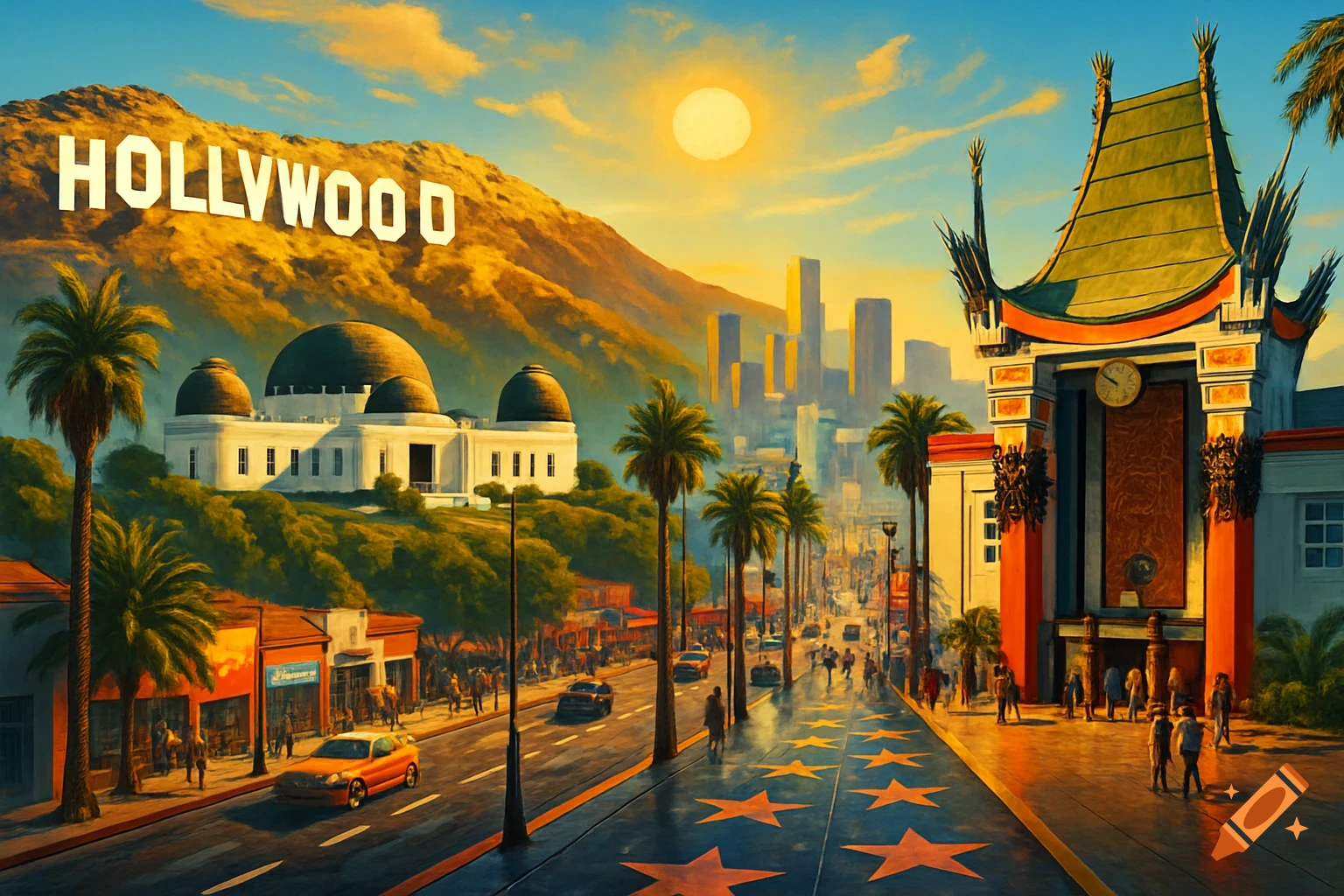 A colorful, stylized illustration of iconic Los Angeles landmarks at sunset, including the Hollywood sign, Griffith Observatory, Chinese Theatre, and Walk of Fame.