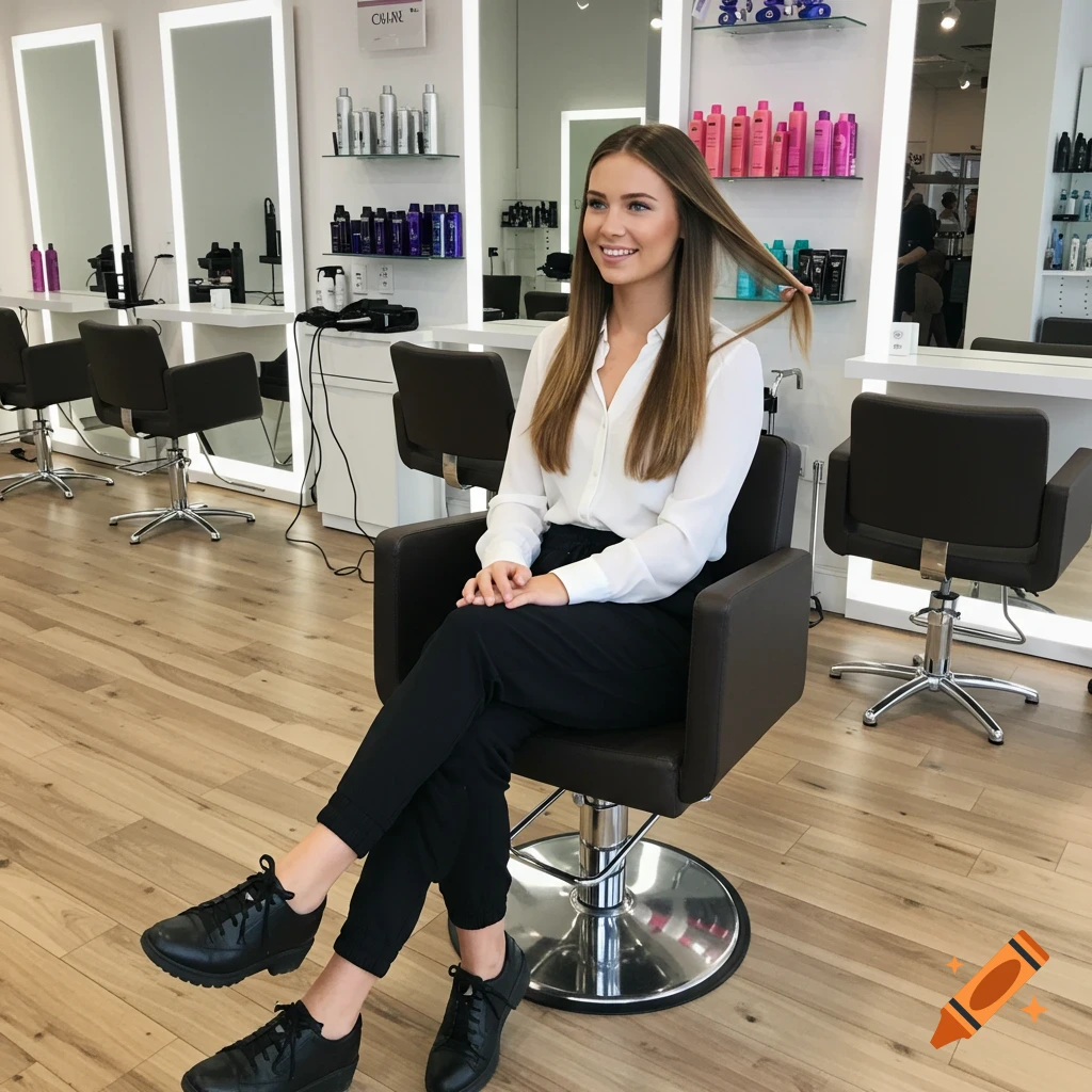 A smiling woman with long brown hair sits in a barber's chair in a bright, modern hair salon, wearing a white shirt and black pants.