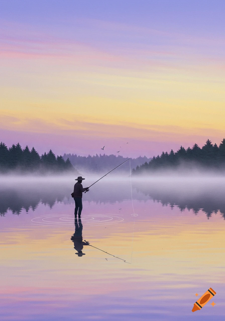 A person fishes in a misty lake at sunset, surrounded by pine trees, with a colorful sky reflected in the water, illustration.