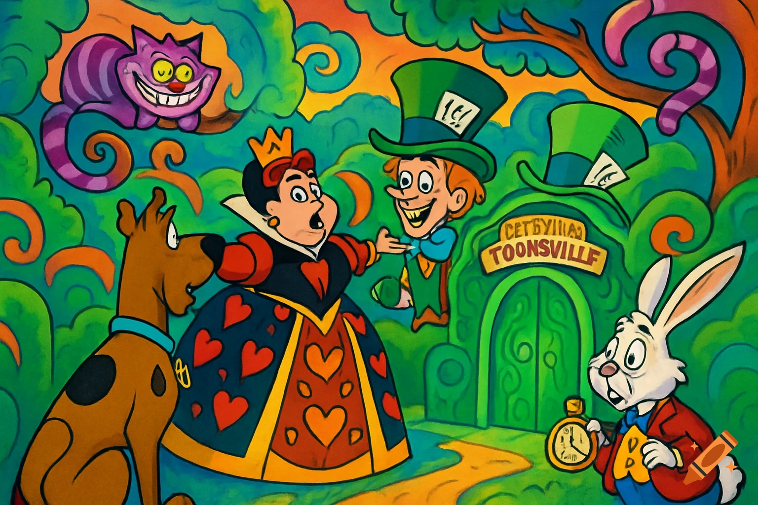 Scooby Doo, the Queen of Hearts, Mad Hatter, Cheshire Cat, and White Rabbit stand in a colorful cartoon wonderland maze with a green door labeled 'TOONSVILLE'.