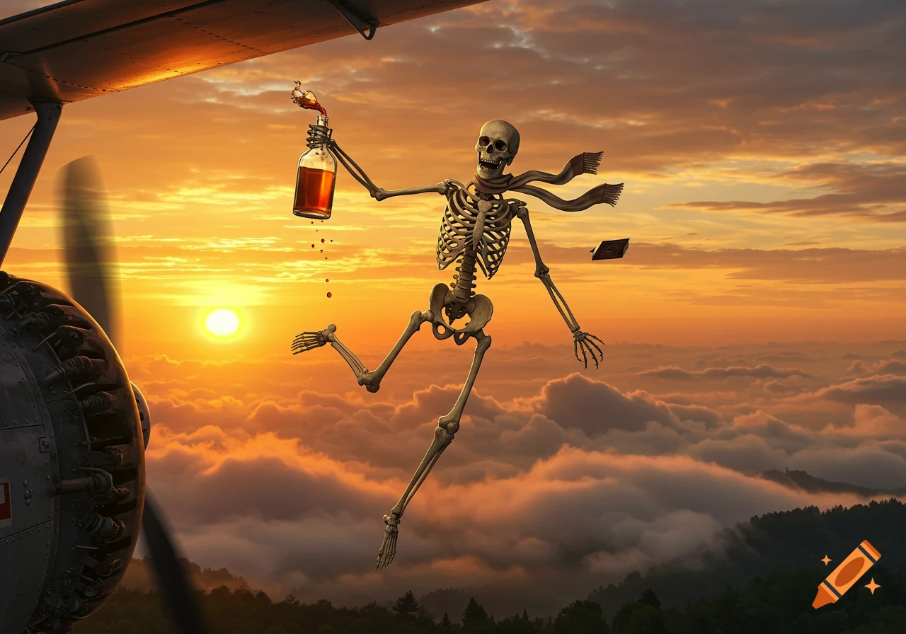 A skeleton with a scarf jumps from a biplane, spilling liquid from a bottle, against a vibrant orange sunset sky.