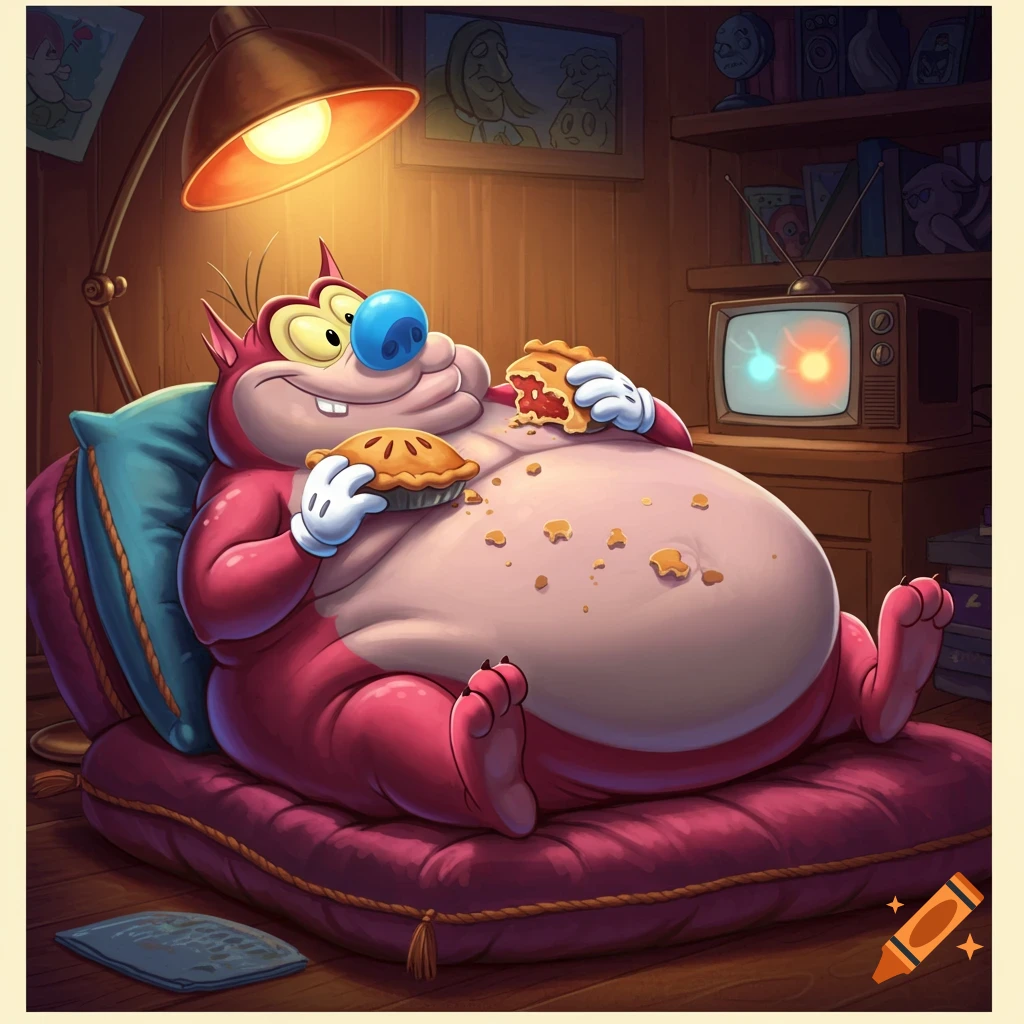 An obese cartoon character resembling Stimpy lounges on cushions, eating two pies in a cozy, lamp-lit room.