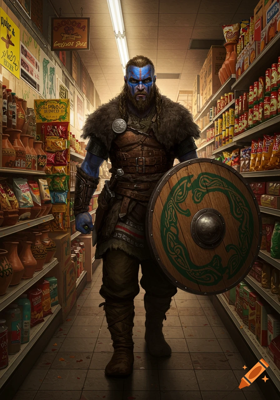 A fierce Norse barbarian with blue face paint and a shield stands in the aisle of a brightly lit supermarket, styled as a painting.