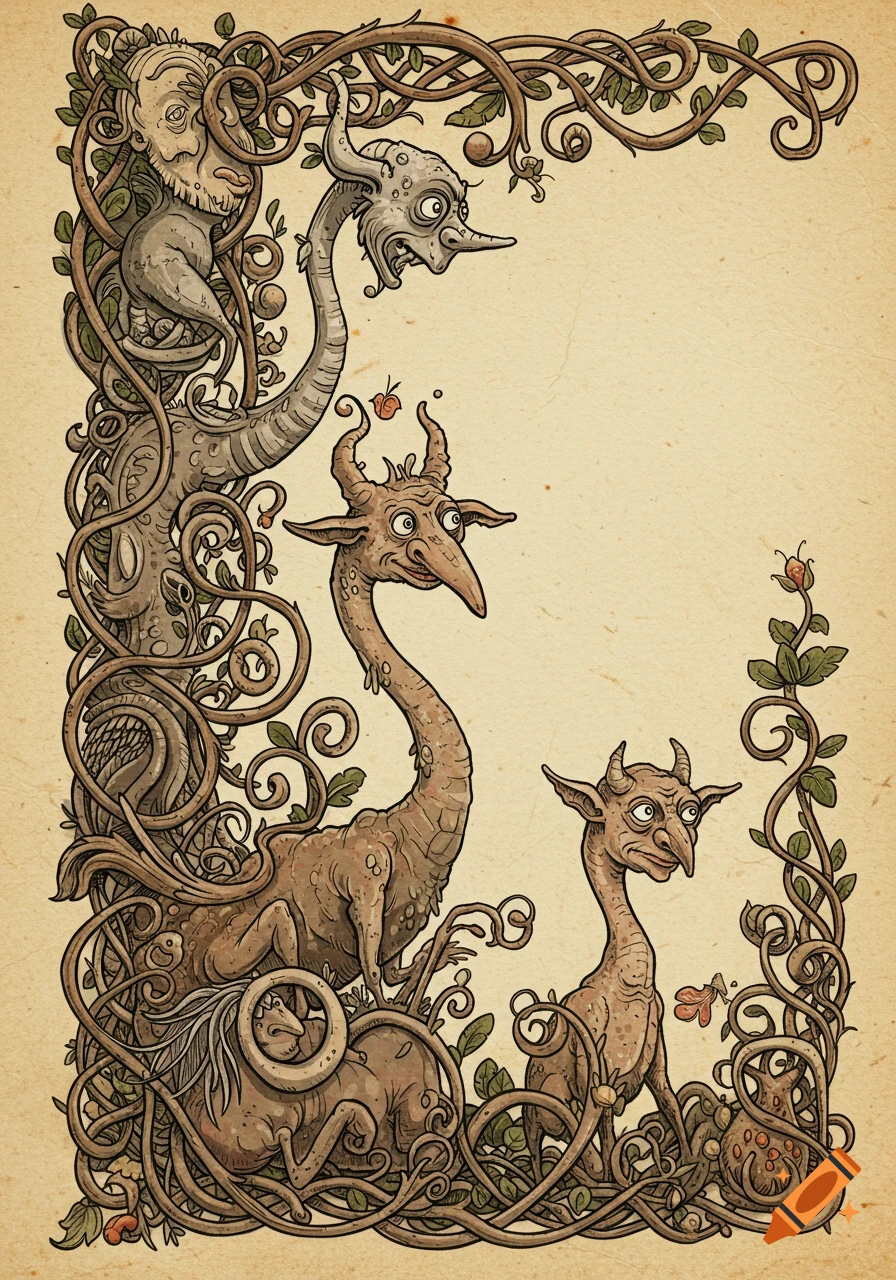 An intricate medieval-style illustration of grotesque hybrid creatures entwined with decorative vines, on aged paper.