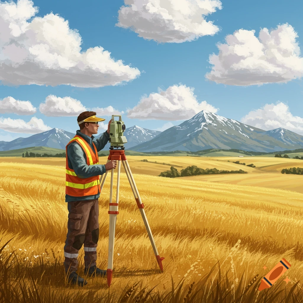 A land surveyor in a safety vest operates an instrument in a golden field with mountains under a blue sky.