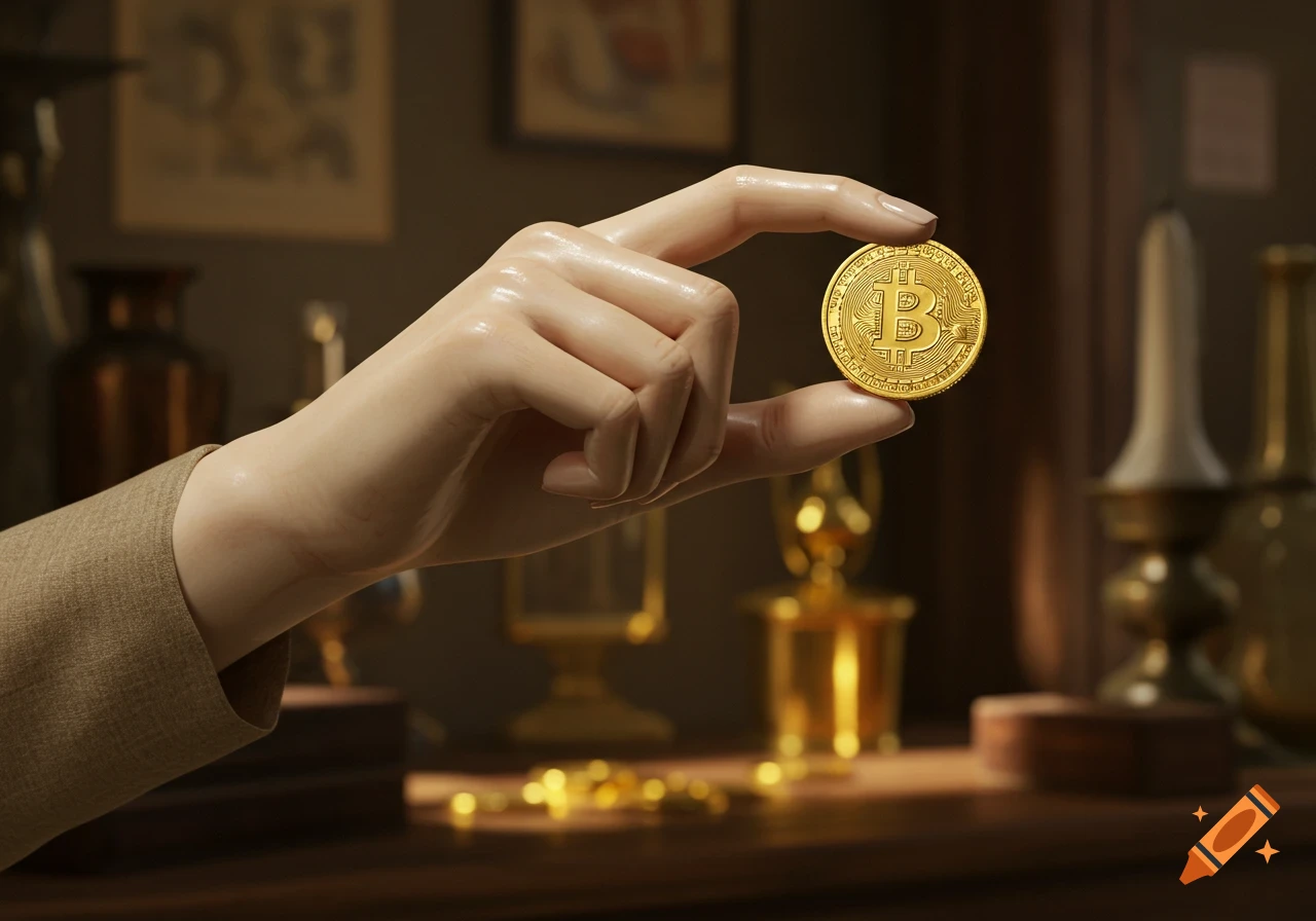 A close-up shot of a hand holding a gold Bitcoin coin between its fingers in a dimly lit room with other gold coins on a surface.