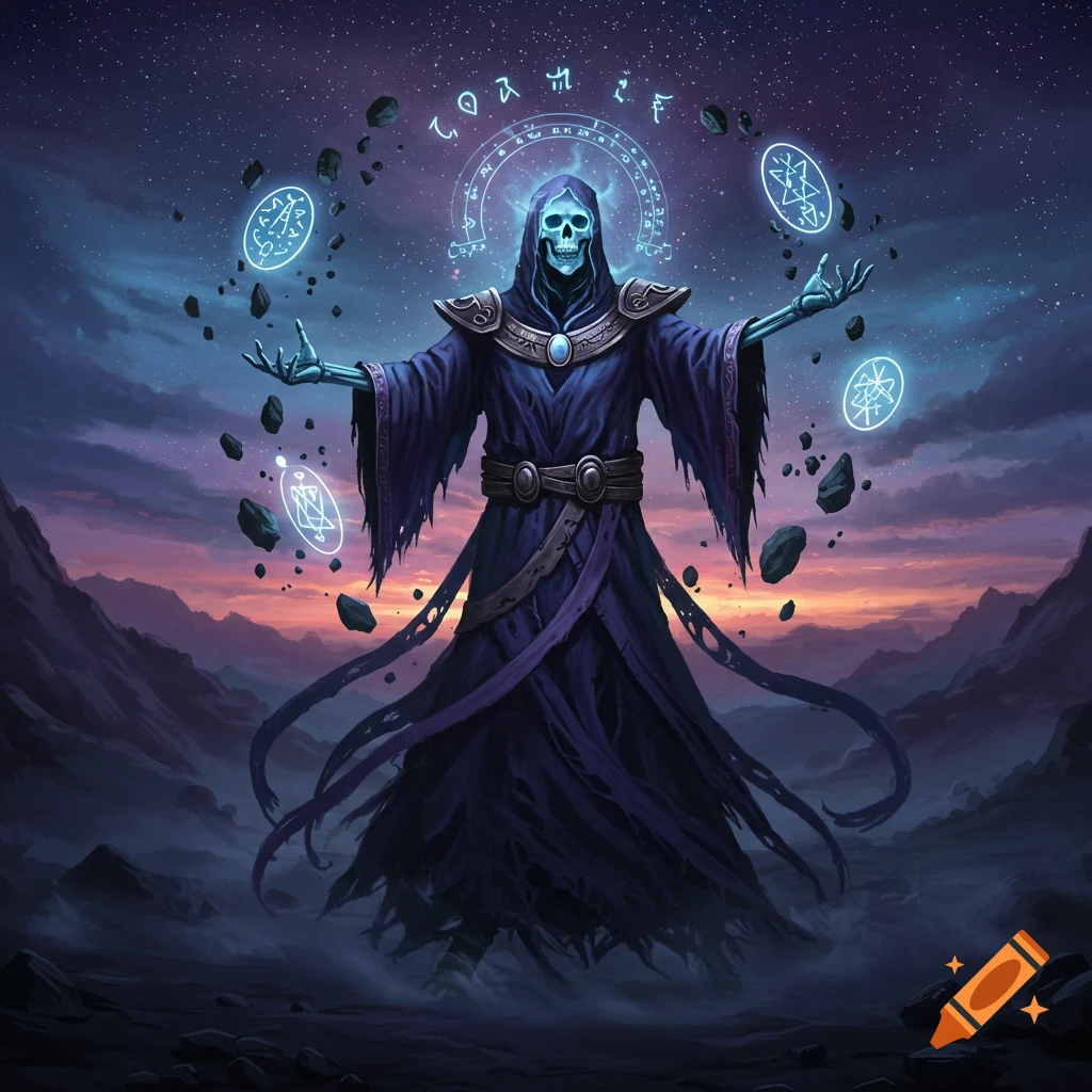 A skeleton wizard in dark robes with glowing blue eyes, manipulating floating rocks and magic symbols under a starry, twilight sky over a mountainous landscape.