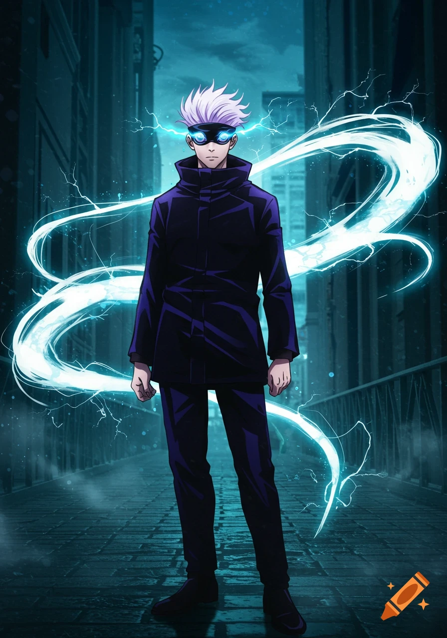 Anime character Gojo Satoru with white hair and blindfold, wearing a dark coat, surrounded by blue lightning in a dark city street.