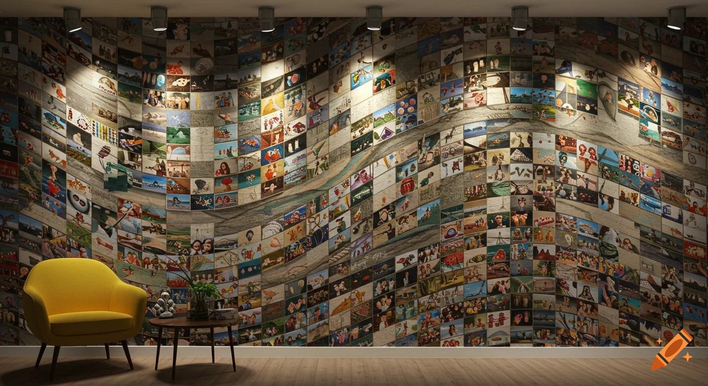 A modern room with a yellow armchair, a small round table with a plant, and a large wavy wall covered in a mosaic of hundreds of small, diverse photographs.