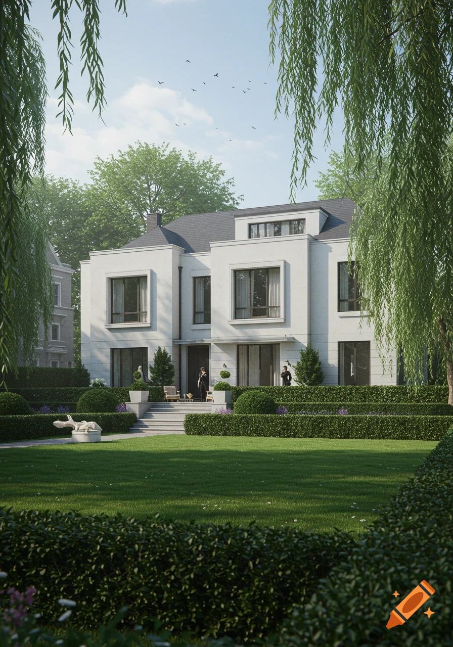 Photorealistic image of a contemporary white villa with a large manicured garden, framed by willow trees, under a bright sky.
