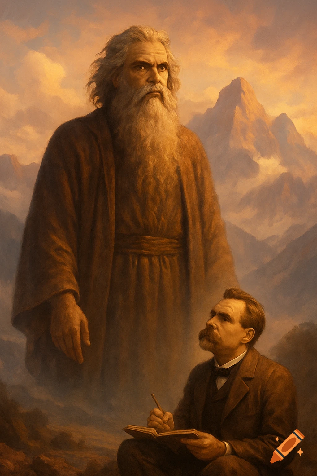A colossal, bearded figure in robes overlooks a smaller man writing in a notebook, set against mountains and a dawn sky in a classical painting.