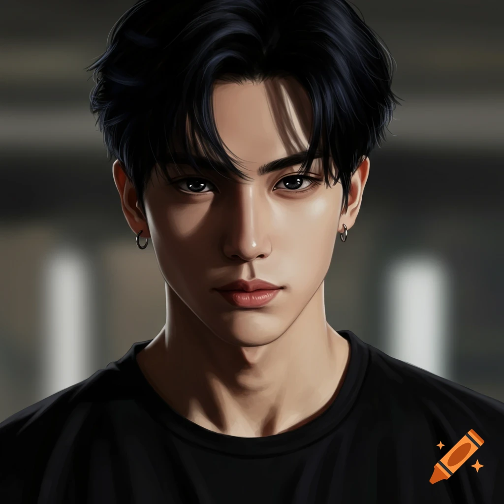 Close-up portrait of a young man with black hair and black eyes, wearing a black shirt, in a stylized digital art style.