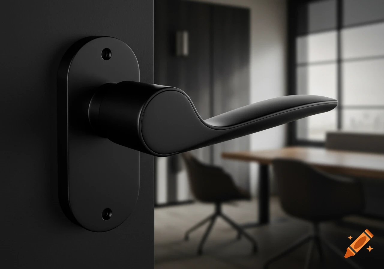 A close-up, photorealistic shot of a sleek, black, contemporary door handle with a blurred modern office in the background.