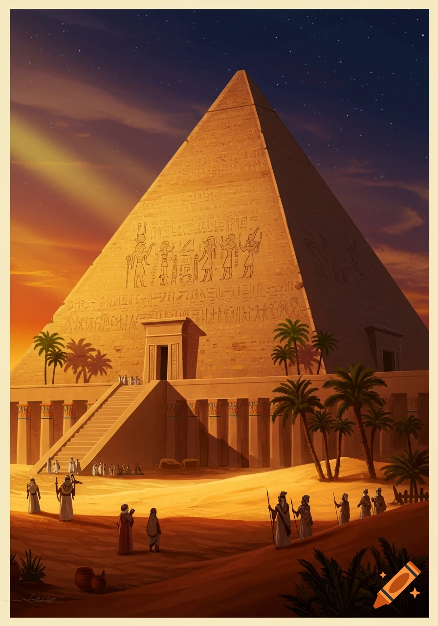 An illustrative scene of an ancient Egyptian pyramid with hieroglyphs at sunset, with robed figures in the desert.
