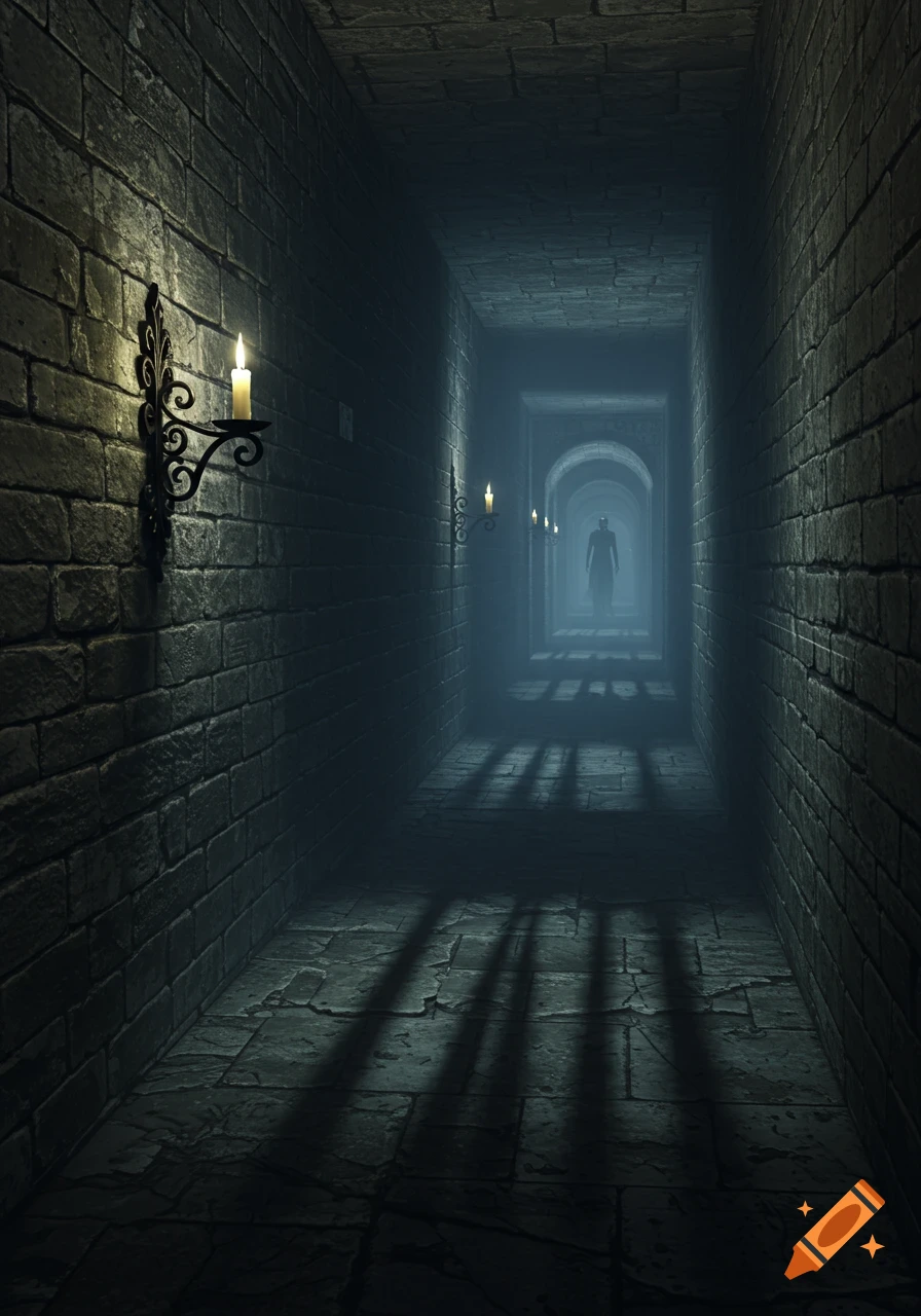 A dark stone dungeon corridor with lit candles on the wall and a shadowy figure in the misty distance, creating an eerie atmosphere.
