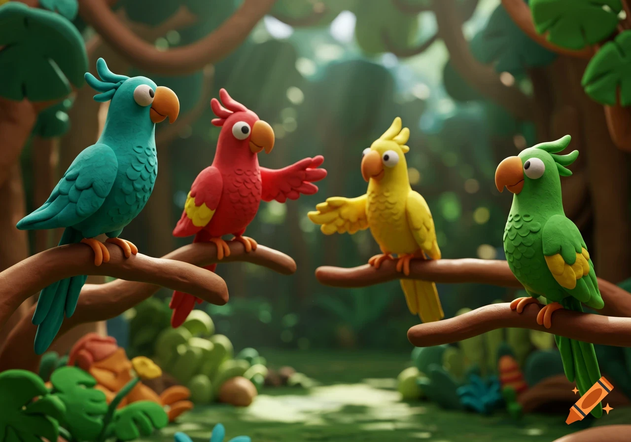 Four colorful claymation parrots (blue, red, yellow, green) perched on tree branches in a vibrant jungle.