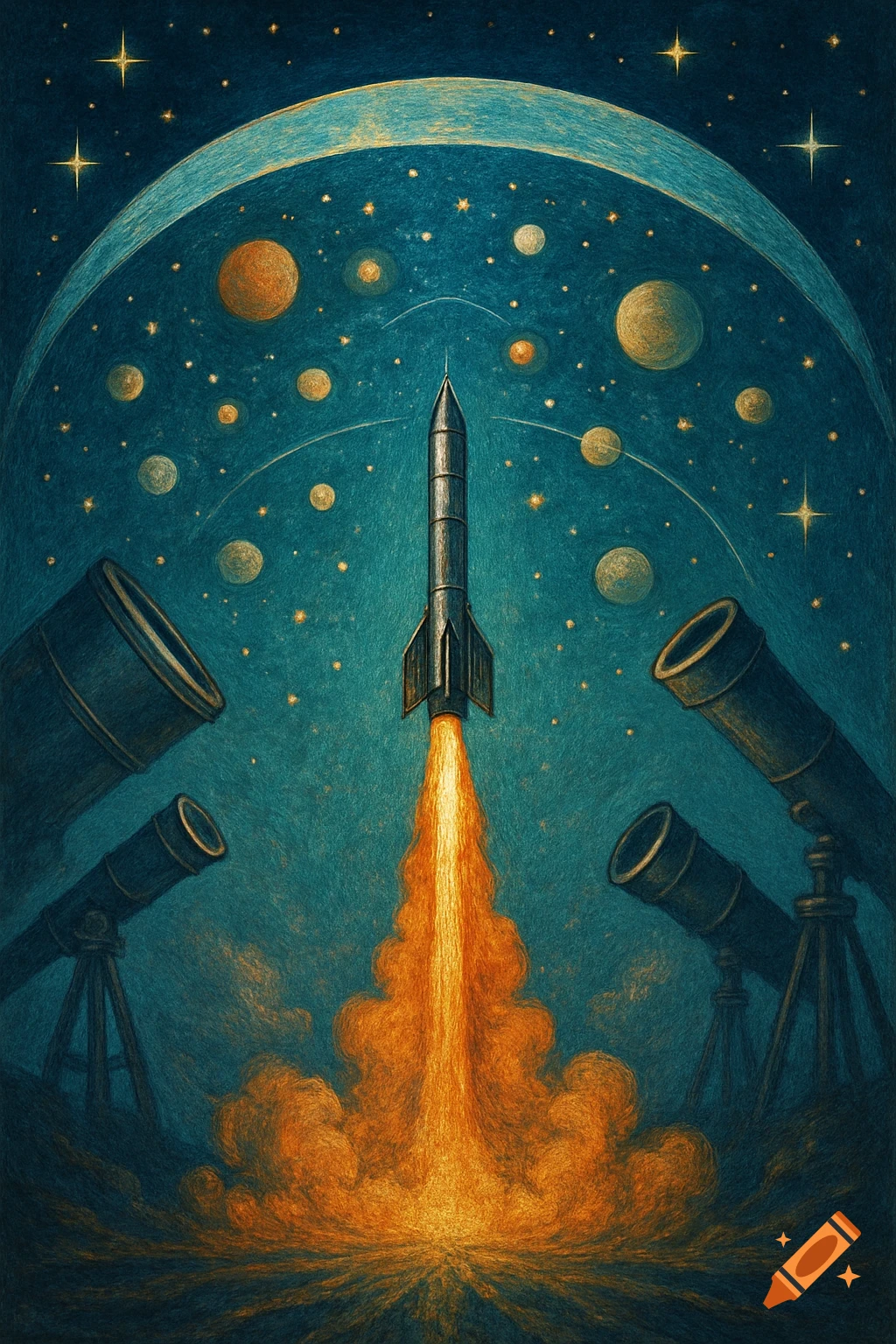 Stylized painting of a rocket launching towards a star-filled dome, flanked by large telescopes.