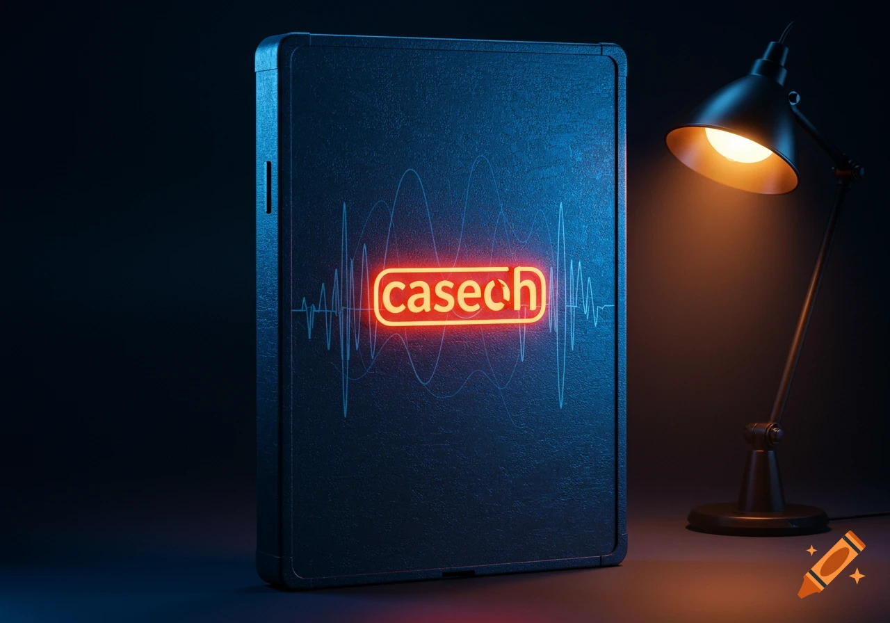A dark electronic device with a red neon 'caseoh' sign and blue waves, illuminated by a desk lamp.