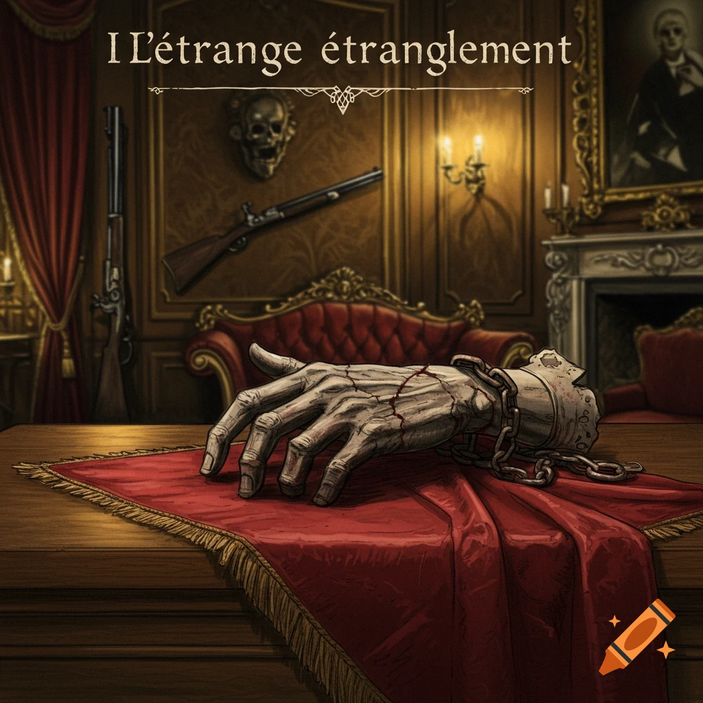 An illustration of a desiccated, chained hand resting on a red velvet cloth on a wooden table in a dimly lit, rich room with a rifle in the background. The title "L'étrange étranglement" is at the top.