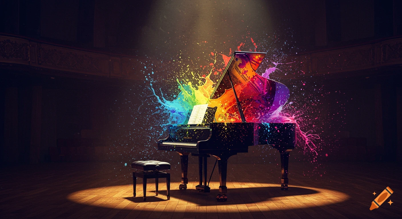 A black grand piano on a spotlighted wooden stage explodes with vibrant rainbow paint splatters in a dark concert hall.