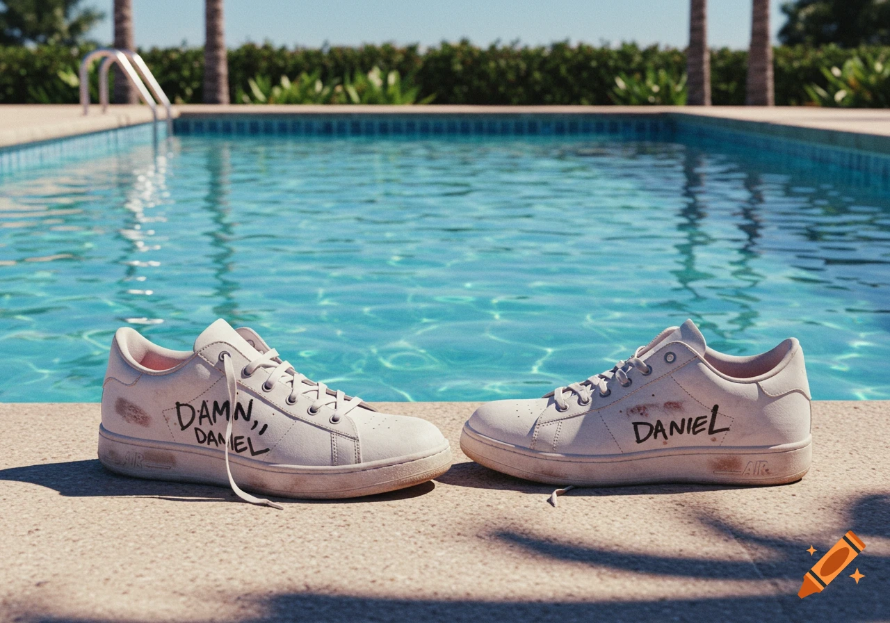 Photorealistic image of two white sneakers, one with "DAMN, DANIEL" written on it, resting by a sparkling blue swimming pool.