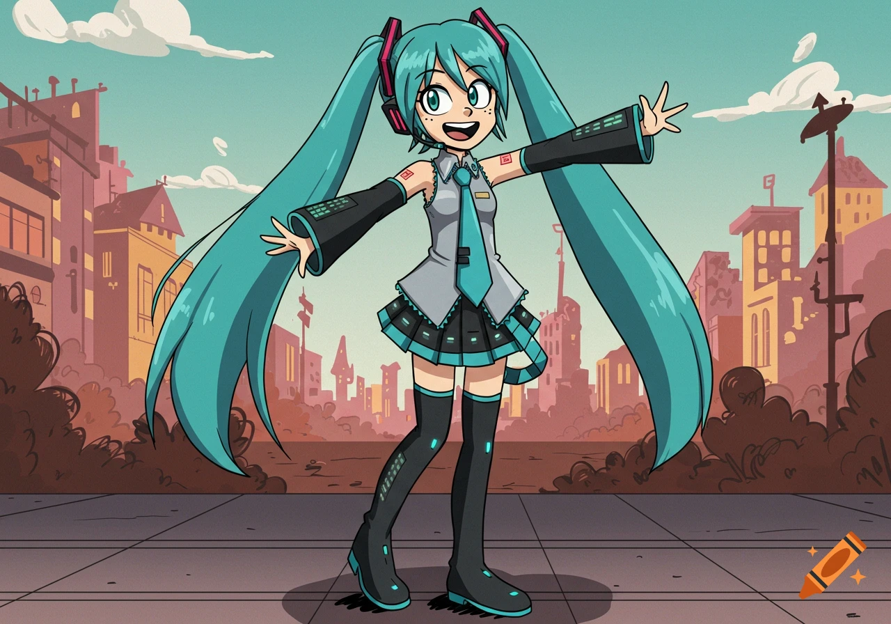 A full-body cartoon illustration of Hatsune Miku with long teal pigtails, wearing a grey shirt, black skirt, and boots, standing in a city street.