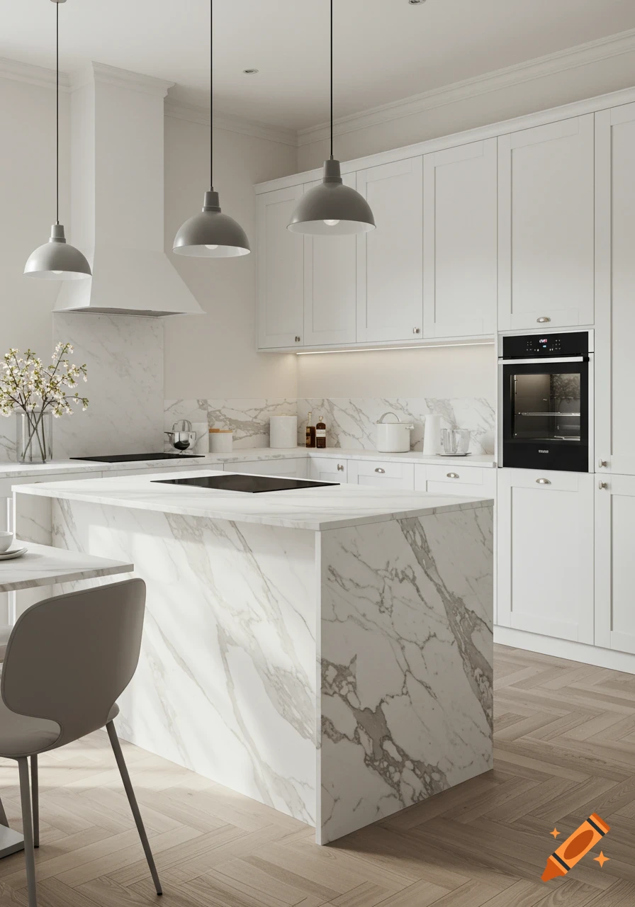 A bright, modern white kitchen featuring marble countertops, a large island, stainless steel appliances, and minimalist pendant lights.