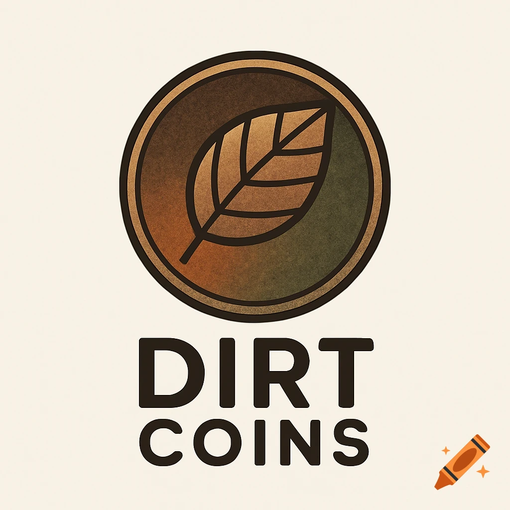 A circular logo with a brown and green gradient, featuring a stylized leaf, above the bold black text "DIRT COINS".