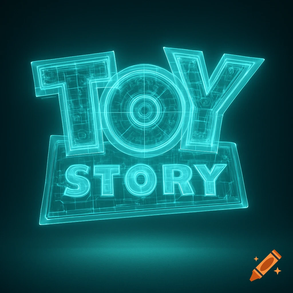 An X-ray style rendering of the Toy Story logo, glowing cyan on a dark background.