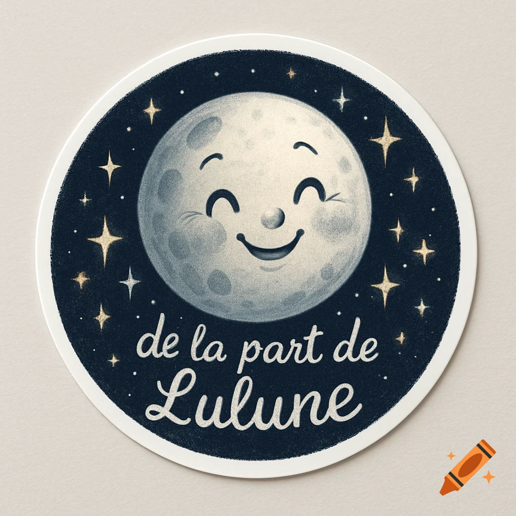 A round sticker with a happy, winking cartoon moon and stars, text reads "de la part de Lulune" on a dark background.