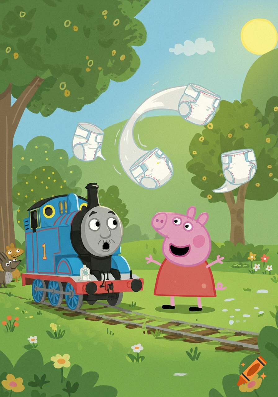 A surprised Thomas the Tank Engine watches as Peppa Pig throws white diapers at him in a colorful cartoon forest scene.