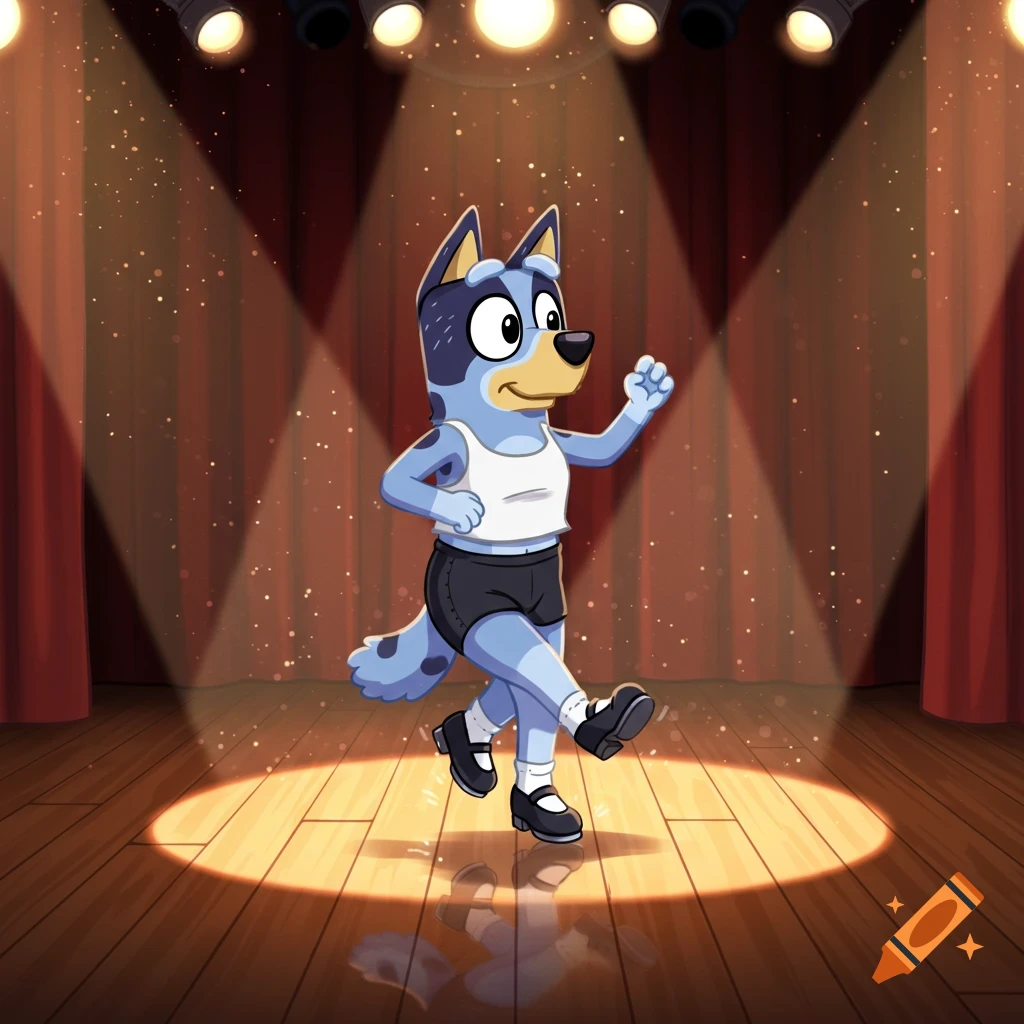 Bluey, a blue cartoon dog, tap dancing on a wooden stage under spotlights, wearing a white tank top, black shorts, white socks, and black Mary Jane shoes.