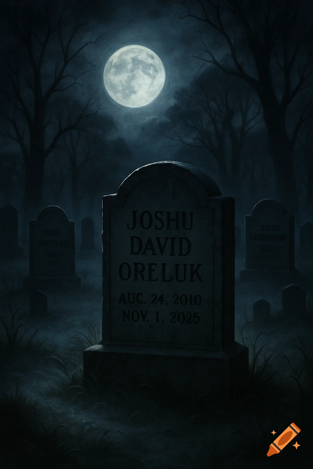 A dark, misty graveyard at midnight with a large full moon overhead. A prominent gravestone in the foreground is illuminated, showing a name and dates. Other gravestones and bare trees are visible in the foggy background.
