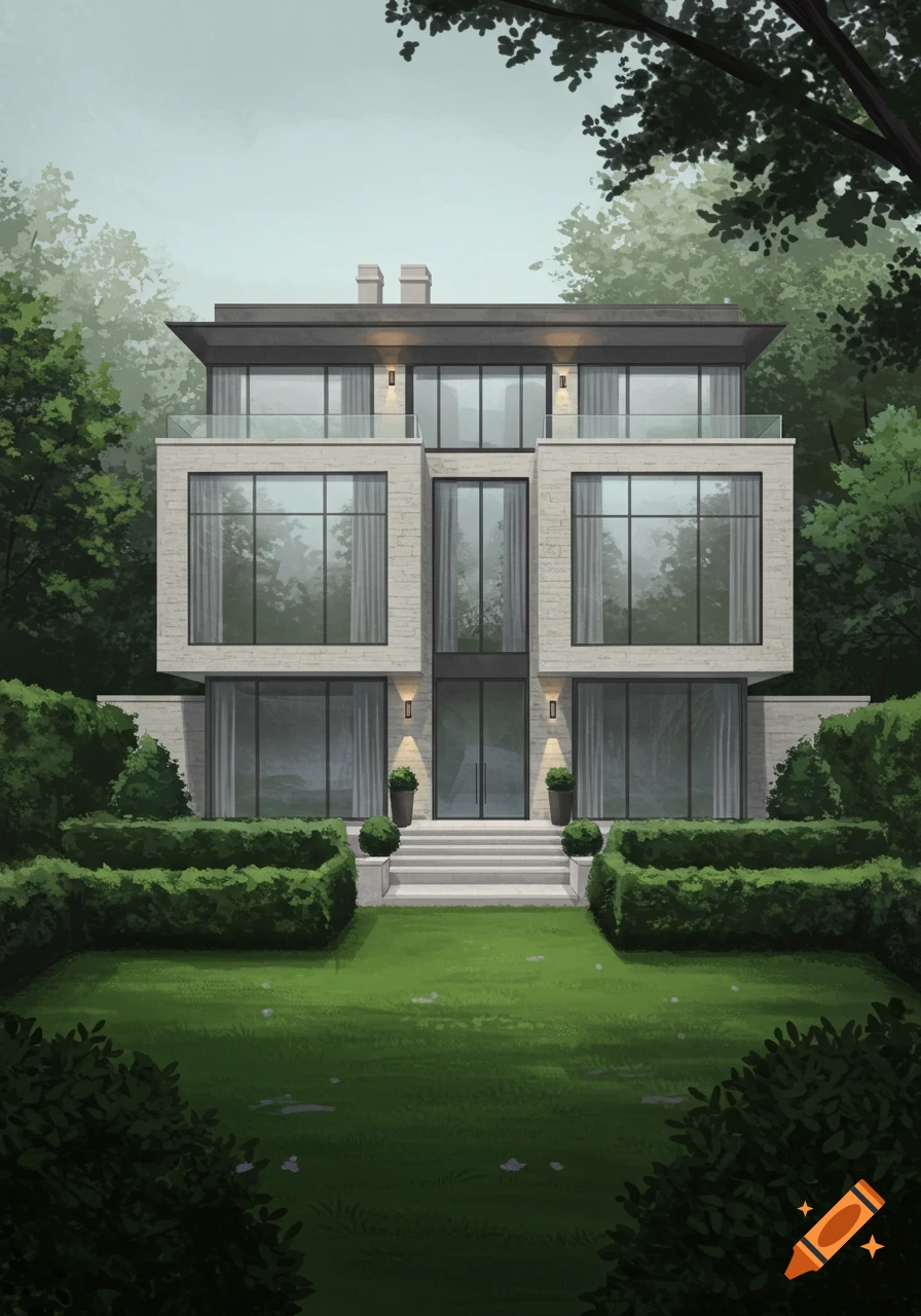 A contemporary two-story villa with large windows and balconies, surrounded by a lush green garden and trees, in an illustration style.