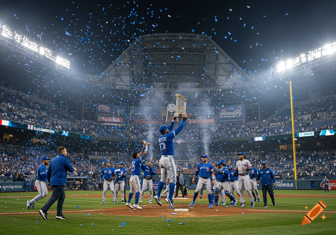 A baseball team in blue uniforms celebrates on a field under confetti, with one player hoisting a large trophy.